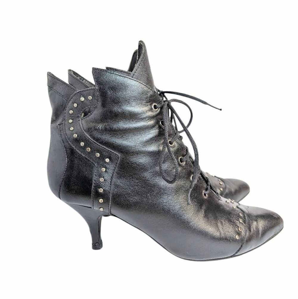 Dolcis Vintage 90s Black Leather pinto studded ankle grannie boots heels 6.5/7